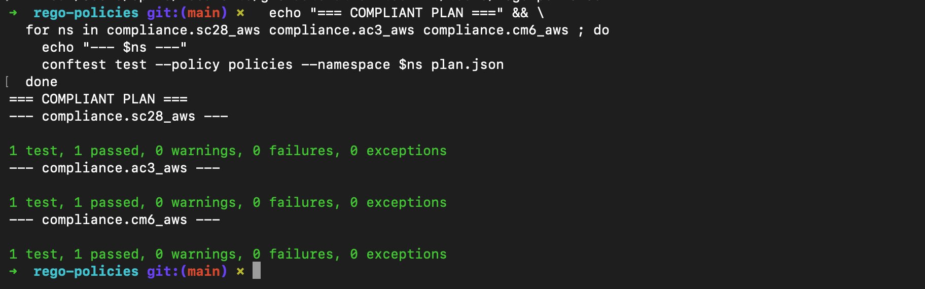 Conftest gate passing — all three namespaces green on compliant plan