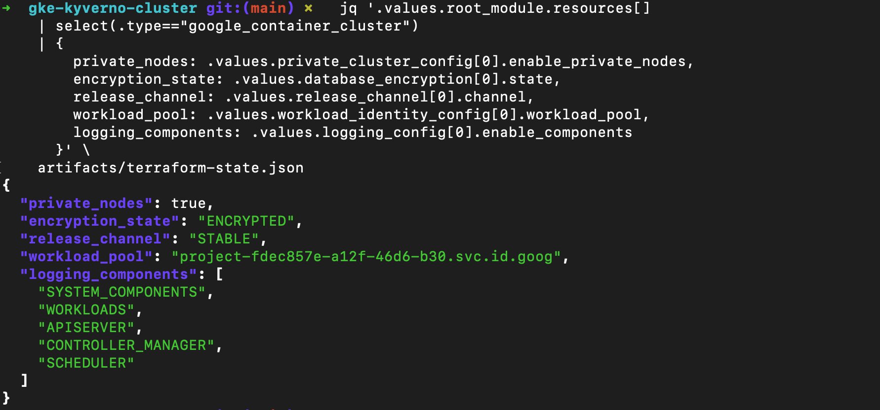 jq query output showing private_nodes: true, encryption_state: ENCRYPTED, release_channel: STABLE, five logging components